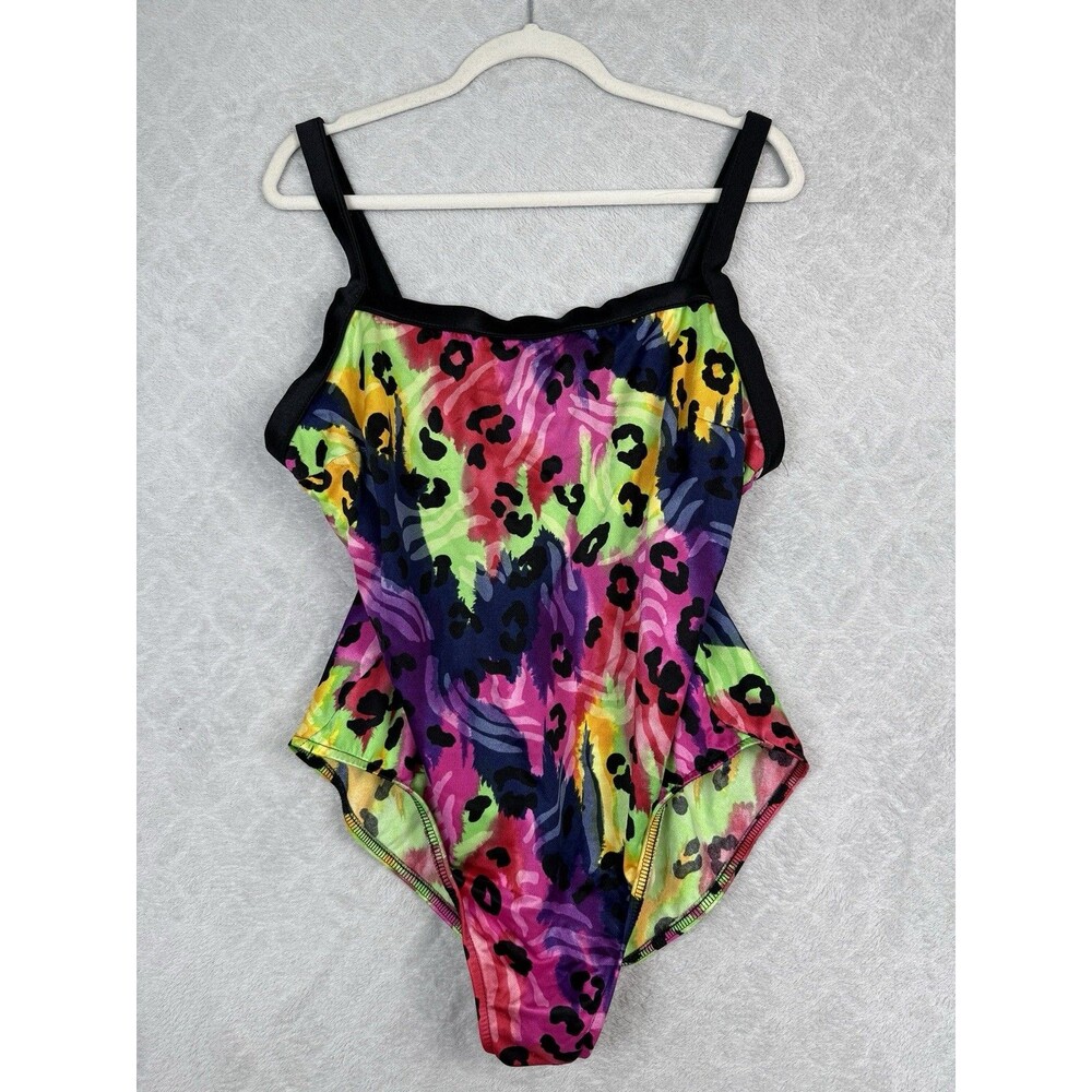 Vtg 90s One Piece Swimsuit Womens 22W Neon Rainbow Leopard Vacation Lisa Frank